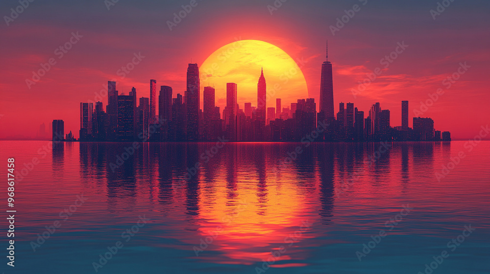 Stunning sunset over city skyline, reflecting in calm water. A vibrant display of colors creating a serene atmosphere. Stunning sunset over city skyline, reflecting in calm water. A vibrant display of colors creating a serene atmosphere.
