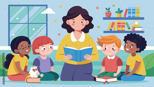 Illustration of a teacher reading a book to children.