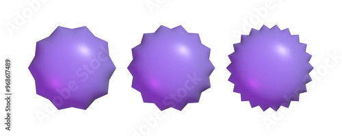 3d starburst badge set. Realistic glossy purple button. Empty sale sticker