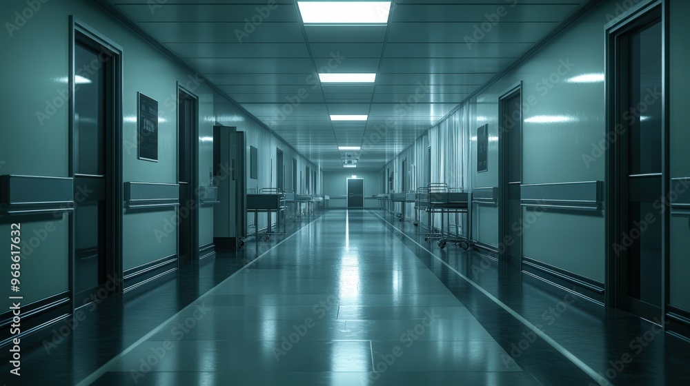 A long hallway with a few doors and a light above A long hallway with a few doors and a light above
