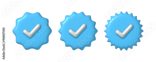 3d blue check mark set. Verified or approved icon. White tick sign on blue star