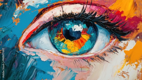 Fototapeta Naklejka Na Ścianę i Meble -  Conceptual abstract painting of a colorful eye on an oil canvas. Bold brush strokes create layers of color, bringing a vibrant sense of depth and movement.