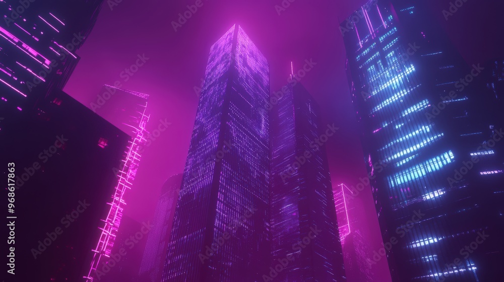 Fototapeta premium A city skyline with a purple sky and neon lights