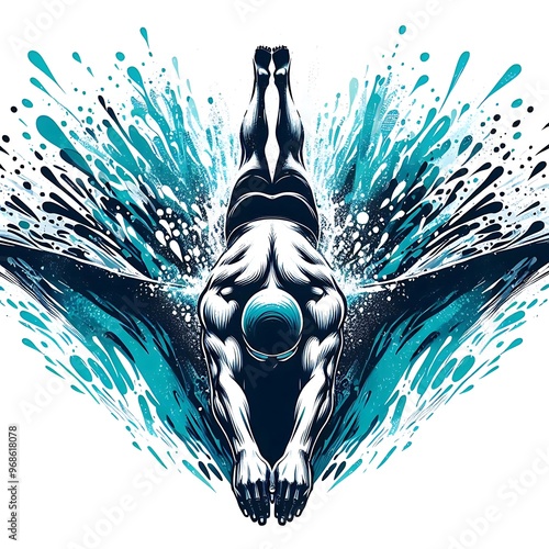 Swimmer diving into the water with intense energy and splash effect

