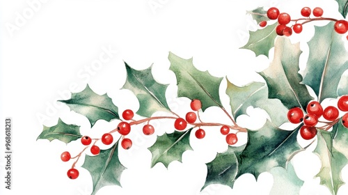 A watercolor Christmas card design with hand-painted festive elements like holly leaves and berries, capturing a whimsical holiday spirit. photo