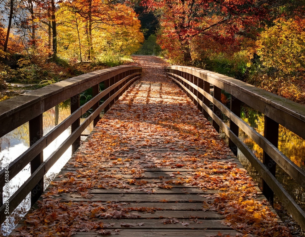 Un puente de madera que cruza un arroyo pequeño, completamente cubierto de hojas otoñales. Los árboles a ambos lados del arroyo muestran una mezcla de colores vibrantes. Un puente de madera que cruza un arroyo pequeño, completamente cubierto de hojas otoñales. Los árboles a ambos lados del arroyo muestran una mezcla de colores vibrantes.