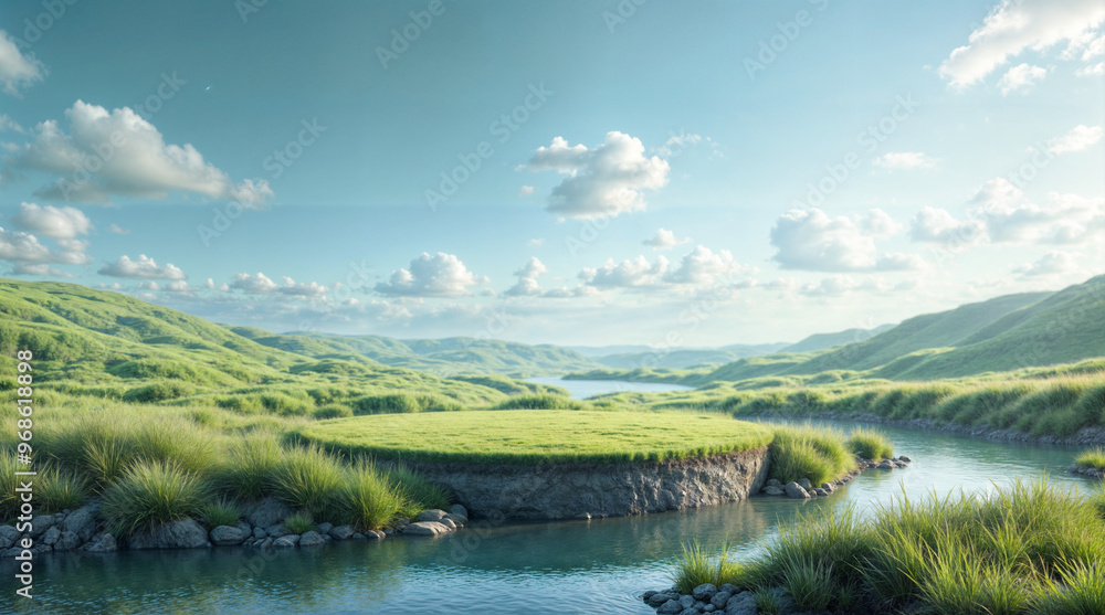 Round natural stone and grass podium. Generative AI Round natural stone and grass podium. Generative AI