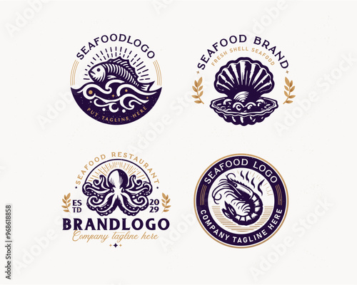 Set vintage bundle classic seafood restaurant logo design for business company