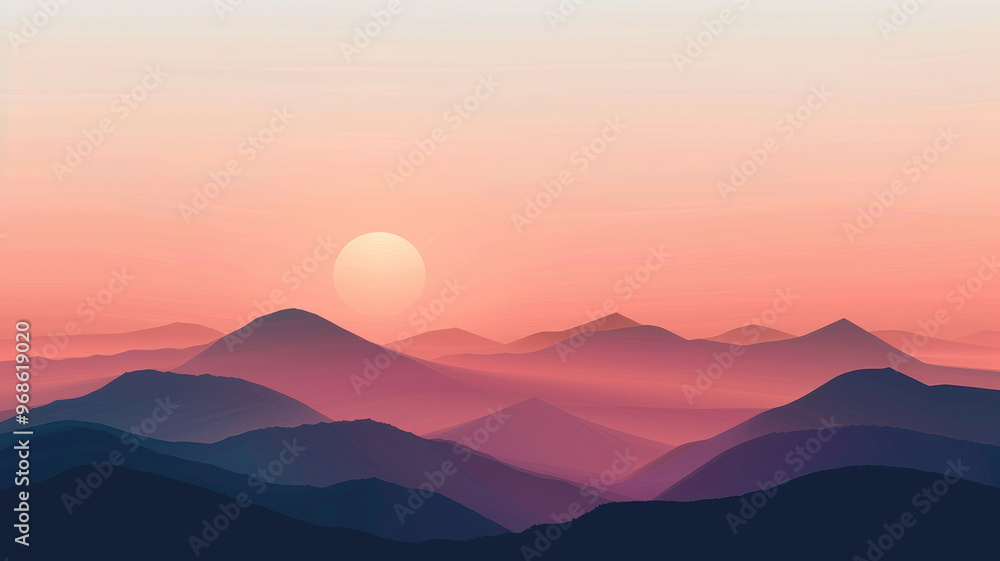 Obraz premium Mountain silhouettes at sunset with soft orange and pink sky