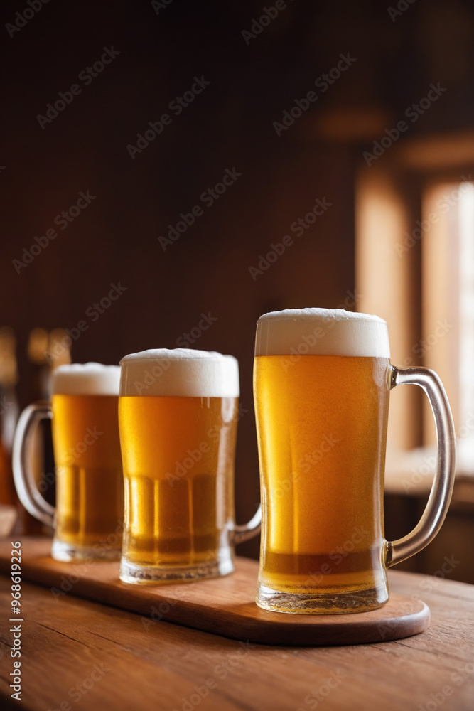 A cold glass of craft golden beer with foam on a wooden table in a bar, restaurant, pub or beer store. International Beer Day, Oktoberfest, St. Patrick's Day celebration for banner with copy space. A cold glass of craft golden beer with foam on a wooden table in a bar, restaurant, pub or beer store. International Beer Day, Oktoberfest, St. Patrick's Day celebration for banner with copy space.