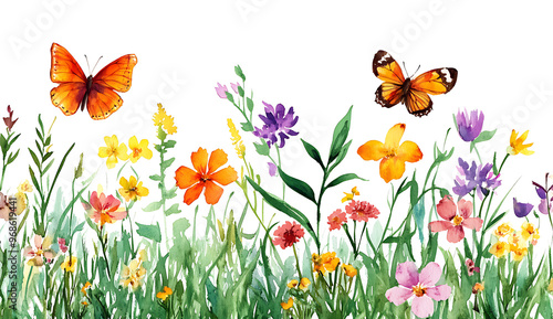 A watercolor illustration of butterflies and wildflowers in a meadow, with a white background 