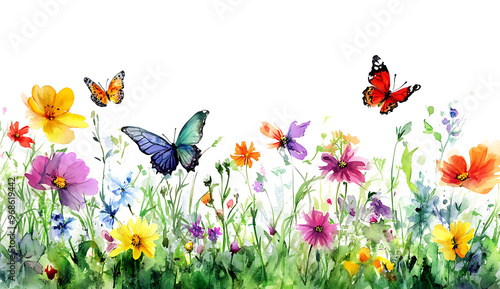 A watercolor illustration of butterflies and wildflowers in a meadow, with a white background 
