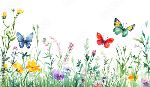 A watercolor illustration of butterflies and wildflowers in a meadow, with a white background 