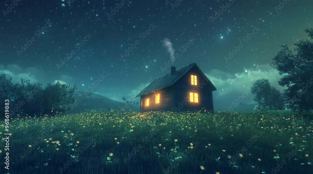 Glowing house on a vast grassland under a fantasy night sky, creating a whimsical and magical atmosphere with enchanting illuminatio Seamless looping 4k time-lapse virtual video animation Generated AI Glowing house on a vast grassland under a fantasy night sky, creating a whimsical and magical atmosphere with enchanting illuminatio Seamless looping 4k time-lapse virtual video animation Generated AI