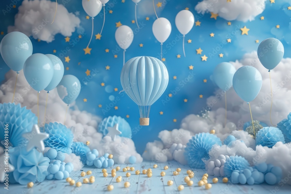 Fototapeta premium A blue and white room with a hot air balloon in the middle