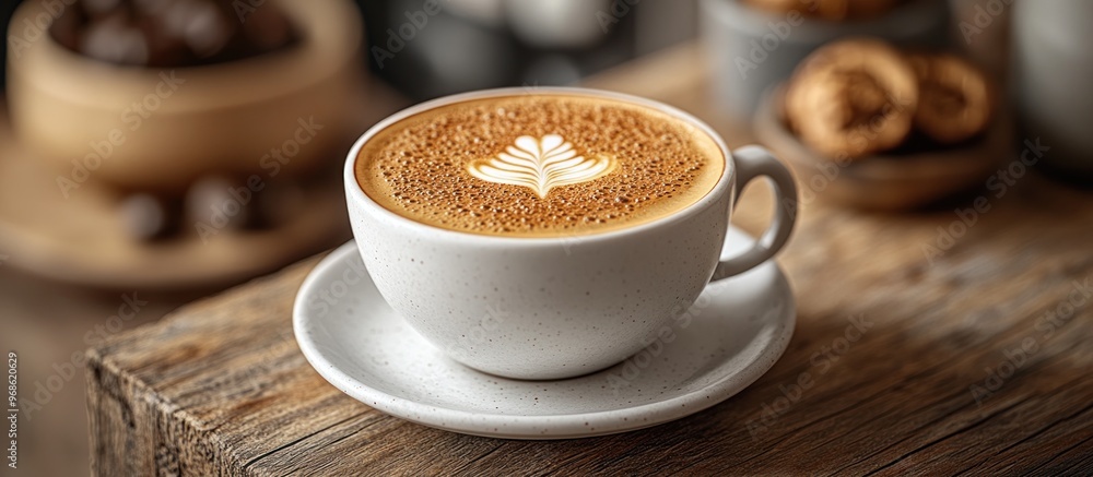 Coffee cup with latte art on a wooden table Coffee cup with latte art on a wooden table