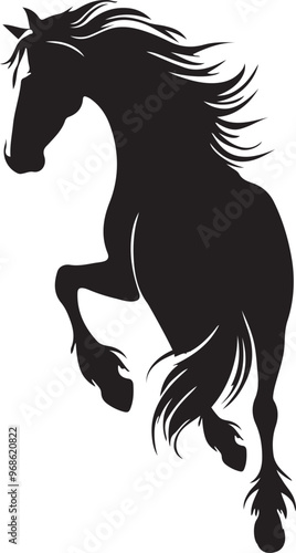 Black silhouette of a grazing horse isolated on a white background. Concept of a wild animal illustration, minimalist style, equine art. Print, icon, logo