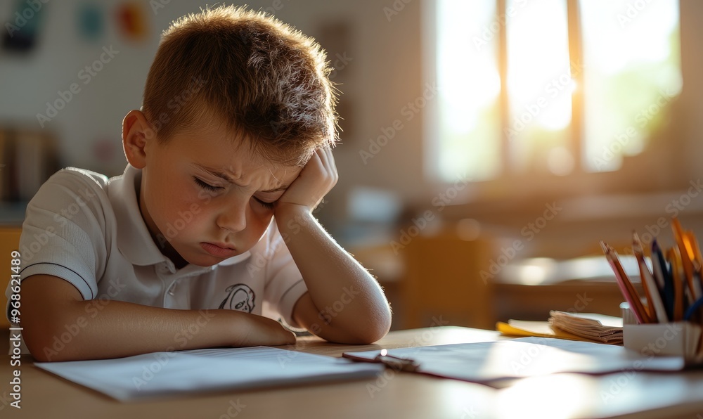 10-Year-Old Schoolboy in Uniform Feeling Upset and Bored at His Desk with Sunbeam 10-Year-Old Schoolboy in Uniform Feeling Upset and Bored at His Desk with Sunbeam