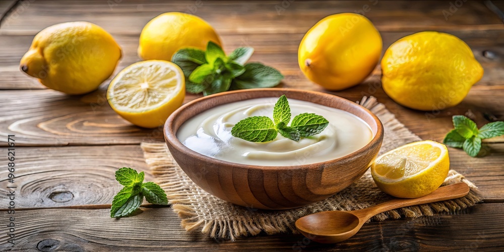 A healthy bowl of yogurt topped with fresh lemons and mint on a rustic wooden table A healthy bowl of yogurt topped with fresh lemons and mint on a rustic wooden table