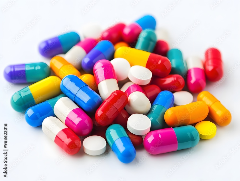 A pile of colorful capsules and tablets on a white background. A pile of colorful capsules and tablets on a white background.