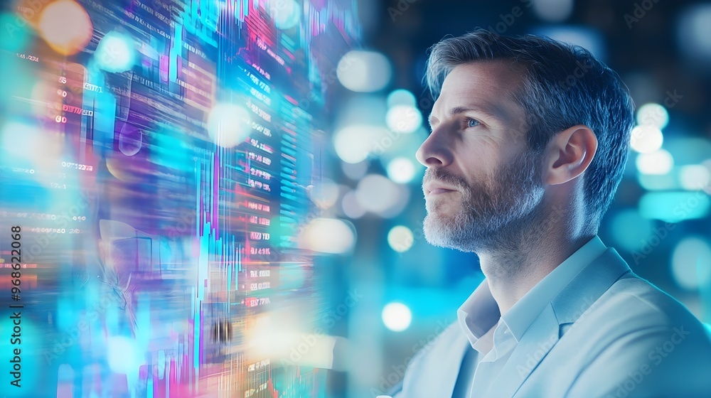 Businessman Looking at Data Analytics Screen Businessman Looking at Data Analytics Screen