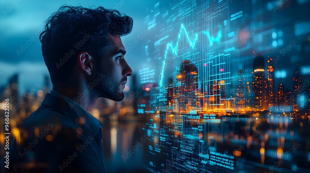Businessman Looking at Financial Data on Screen Businessman Looking at Financial Data on Screen