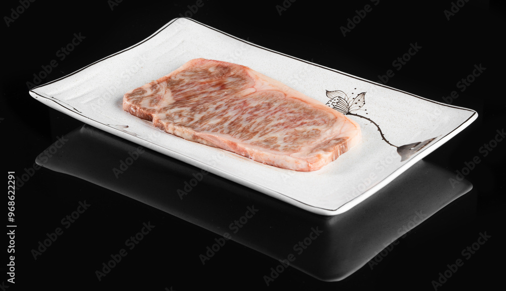 A marbled piece of Wagyu beef steak placed on a white rectangular plate against a black background, ideal for culinary and food industry use.
