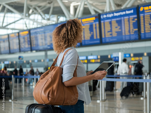 Traveler checking flight information on electronic device at modern airport terminal, holding luggage and bag. photo