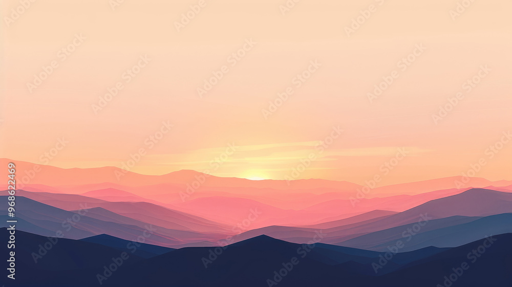 Mountain silhouettes at sunset with soft orange and pink sky Mountain silhouettes at sunset with soft orange and pink sky