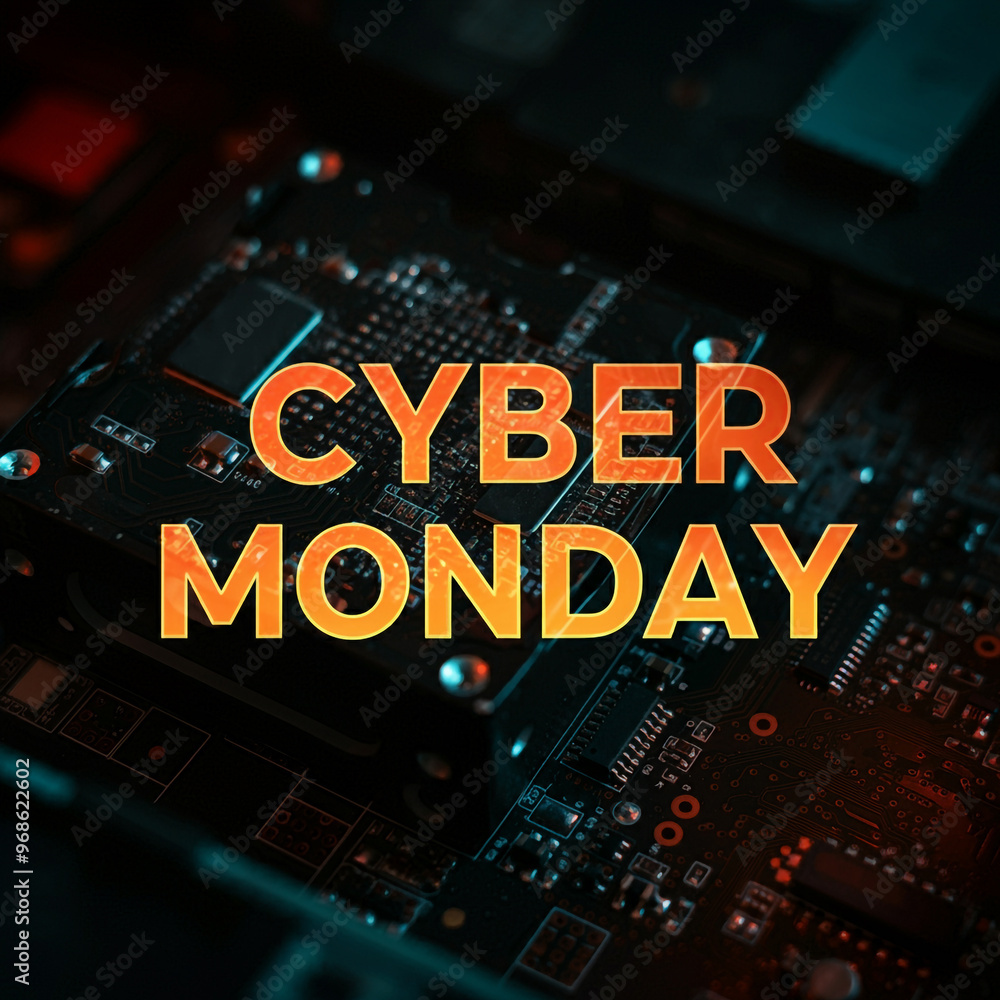 Cyber Monday text in bold orange over a digital circuit board background, representing the tech-centric nature of this shopping day Cyber Monday text in bold orange over a digital circuit board background, representing the tech-centric nature of this shopping day