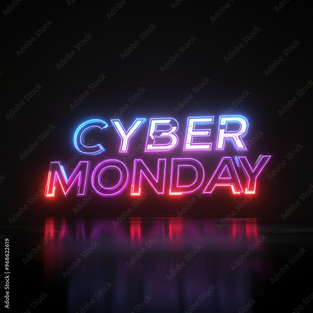 Cyber Monday sign in neon pink and blue, giving a bold, vibrant, and tech-inspired feel to this online shopping event Cyber Monday sign in neon pink and blue, giving a bold, vibrant, and tech-inspired feel to this online shopping event
