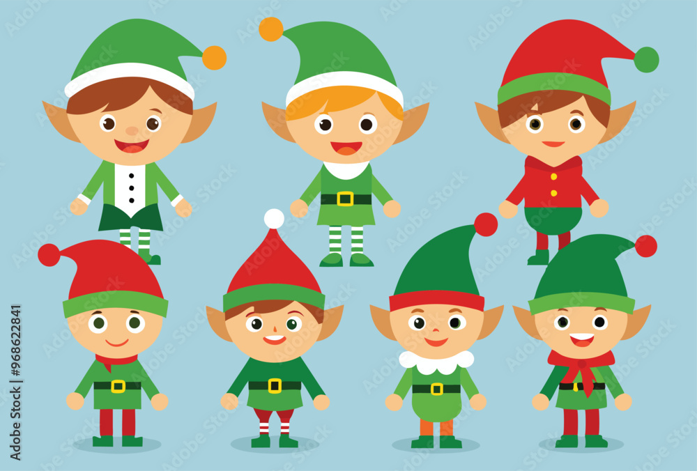 Festive Christmas elves and Holiday Icons Vector Illustration Set Festive Christmas elves and Holiday Icons Vector Illustration Set