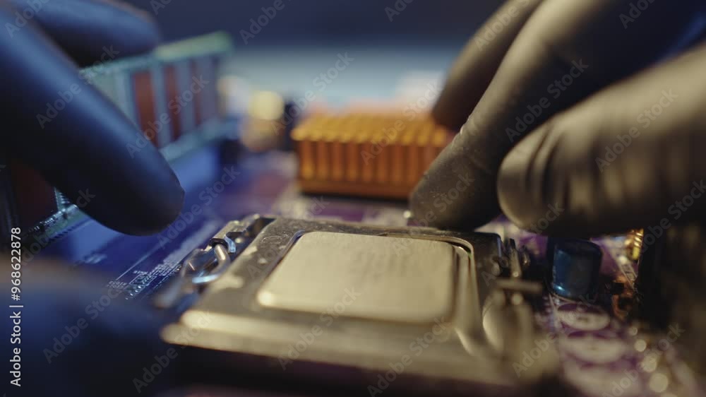 Modern processor CPU on the motherboard of the computer. The concept of technology hardware and repair in the neon light Modern processor CPU on the motherboard of the computer. The concept of technology hardware and repair in the neon light