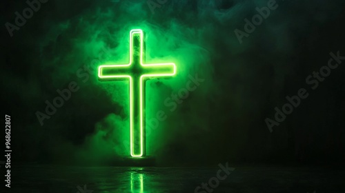 Neon green cross in misty darkness