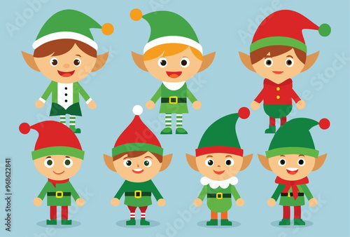 Festive Christmas elves and Holiday Icons Vector Illustration Set