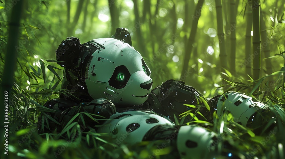 A panda robot is laying in the grass A panda robot is laying in the grass
