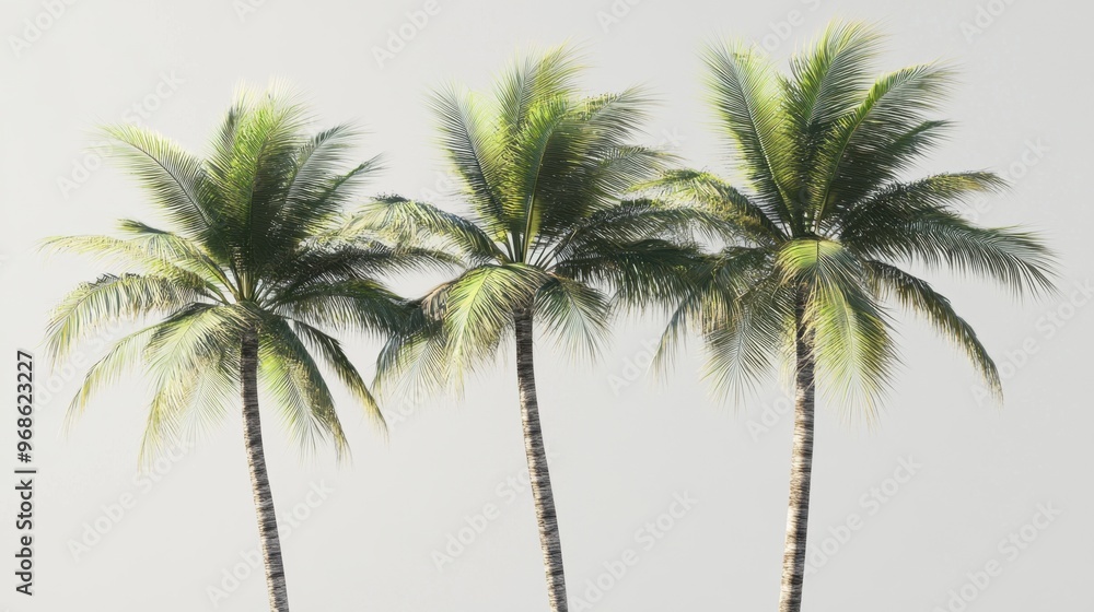 Obraz premium Three 3D rendered coconut palms isolated on a clean background, with vibrant green fronds and detailed textures.