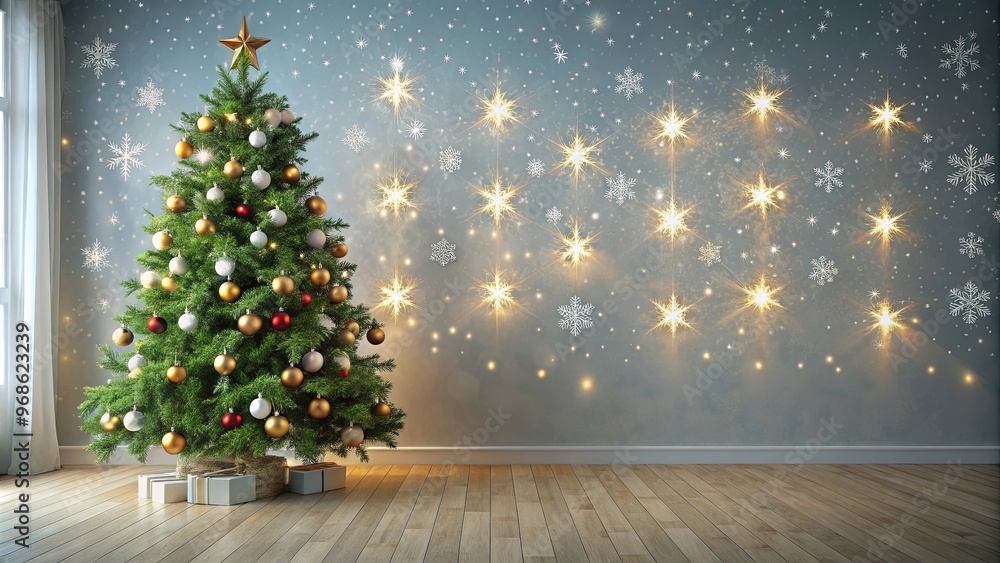 A festive Christmas tree adorning a room with a star on top and delicate snowflakes scattered on the floor A festive Christmas tree adorning a room with a star on top and delicate snowflakes scattered on the floor