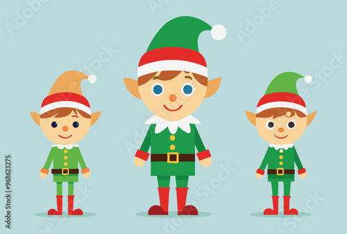 Festive Christmas elves and Holiday Icons Vector Illustration Set