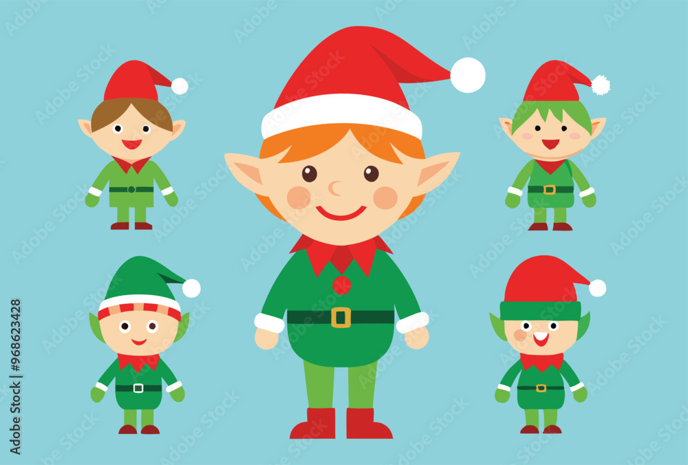 Festive Christmas elves and Holiday Icons Vector Illustration Set Festive Christmas elves and Holiday Icons Vector Illustration Set