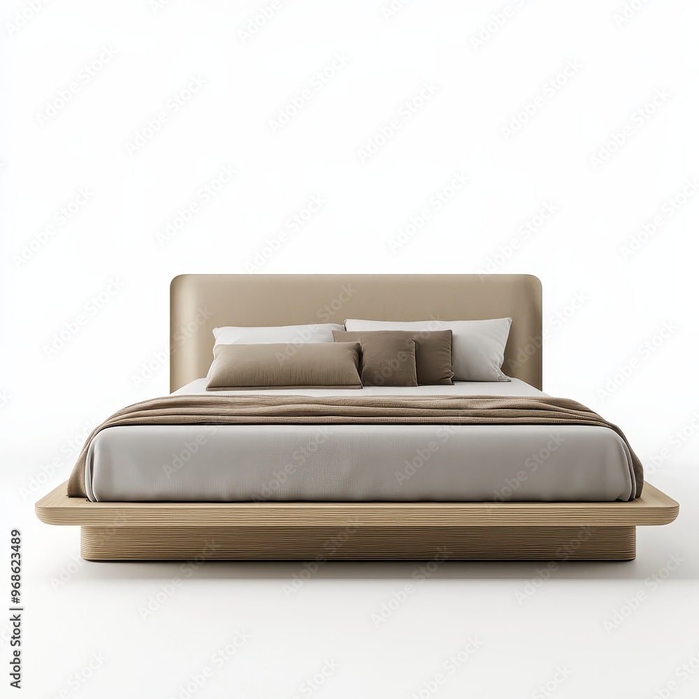 A modern bed with a minimalist design, featuring neutral colors and decorative pillows. A modern bed with a minimalist design, featuring neutral colors and decorative pillows.
