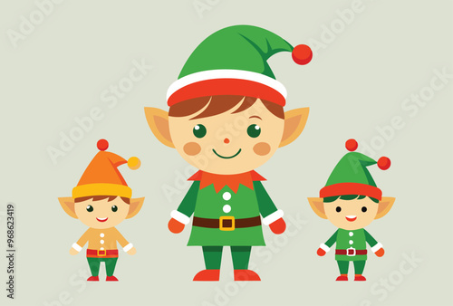 Festive Christmas elves and Holiday Icons Vector Illustration Set