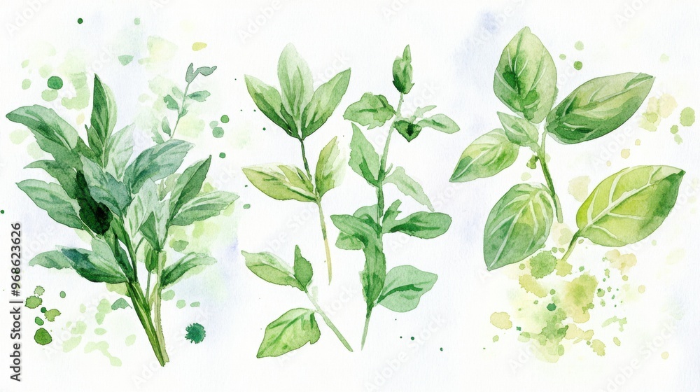 A watercolor illustration of fresh herbs such as basil, parsley, and rosemary, with soft, natural hues, perfect for use in culinary or botanical designs. A watercolor illustration of fresh herbs such as basil, parsley, and rosemary, with soft, natural hues, perfect for use in culinary or botanical designs.