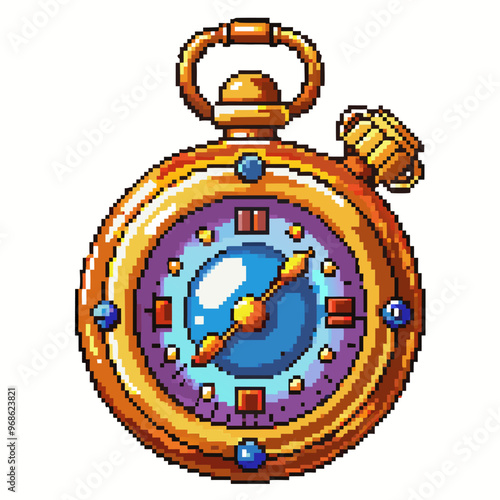 Vintage Pixel Art Pocket Watch with Gold Details and Purple Face
