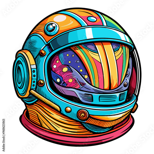 Colorful Space Helmet Illustration with Vibrant Galactic Design