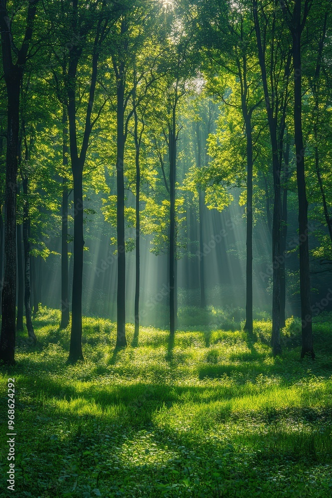 Obraz premium Serene Forest with Sun Rays and Mist