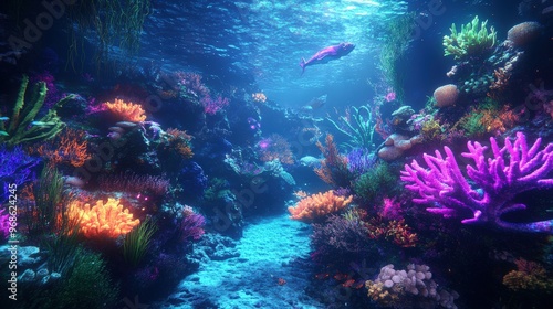 A colorful underwater scene with a fish swimming through the coral