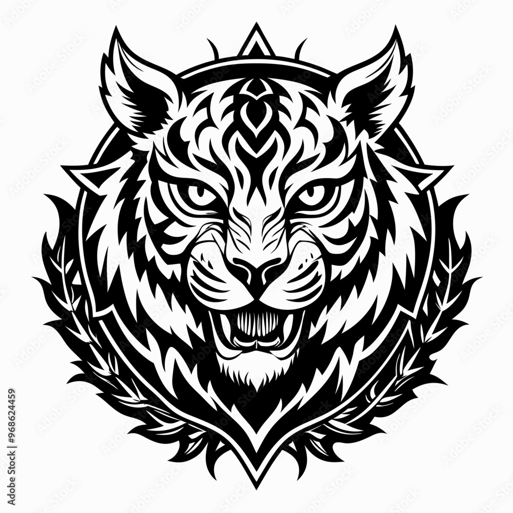 Intricate Black and White Tiger Illustration with Tribal Design Elements Intricate Black and White Tiger Illustration with Tribal Design Elements