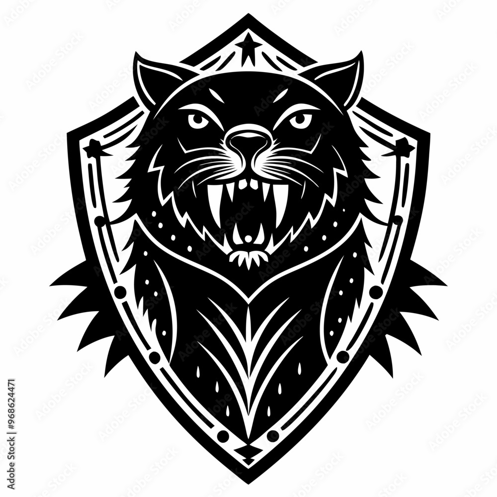 Fierce Panther Emblem in Shield Design Bold Black and White Illustration Fierce Panther Emblem in Shield Design Bold Black and White Illustration