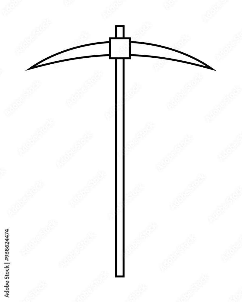 Classic pickaxe with two pointed blades and a long handle. Ideal for mining, construction, tools, industrial design, gardening. Simple black and white vector line art style. Classic pickaxe with two pointed blades and a long handle. Ideal for mining, construction, tools, industrial design, gardening. Simple black and white vector line art style.